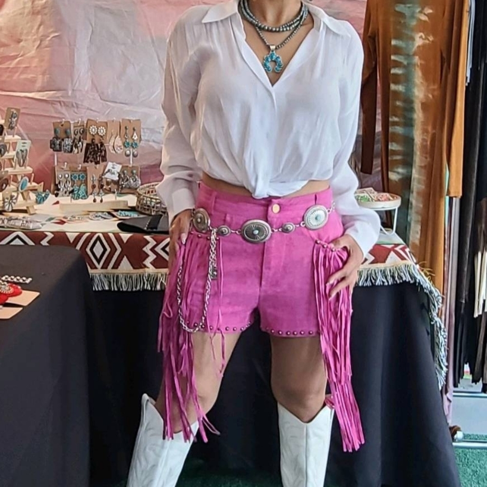Pink Fringe Suede Shorts